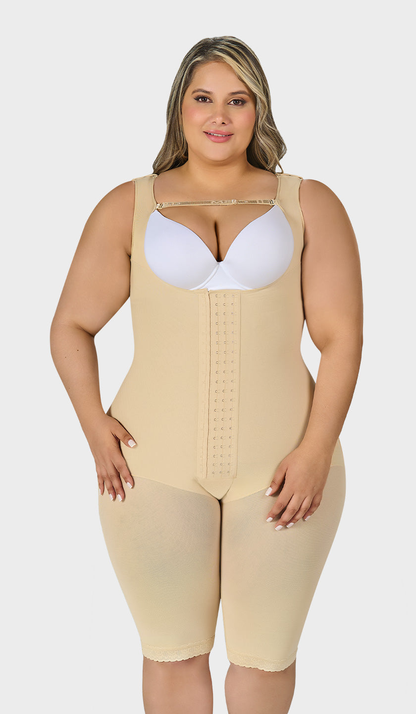 F0085 - KNEE-LENGTH FAJA 4 FRONT HOOKS BACK COVERAGE AND WIDE STRAPS (6757413191856)